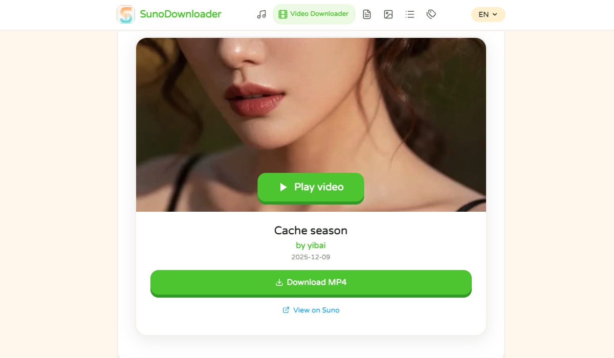 Suno Video Downloader Page with MP4 Preview and Download Button