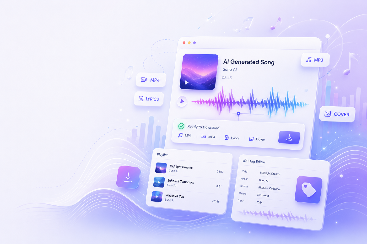 SunoDownloader.pro interface showing a Suno song ready to download as MP3, MP4, lyrics and cover